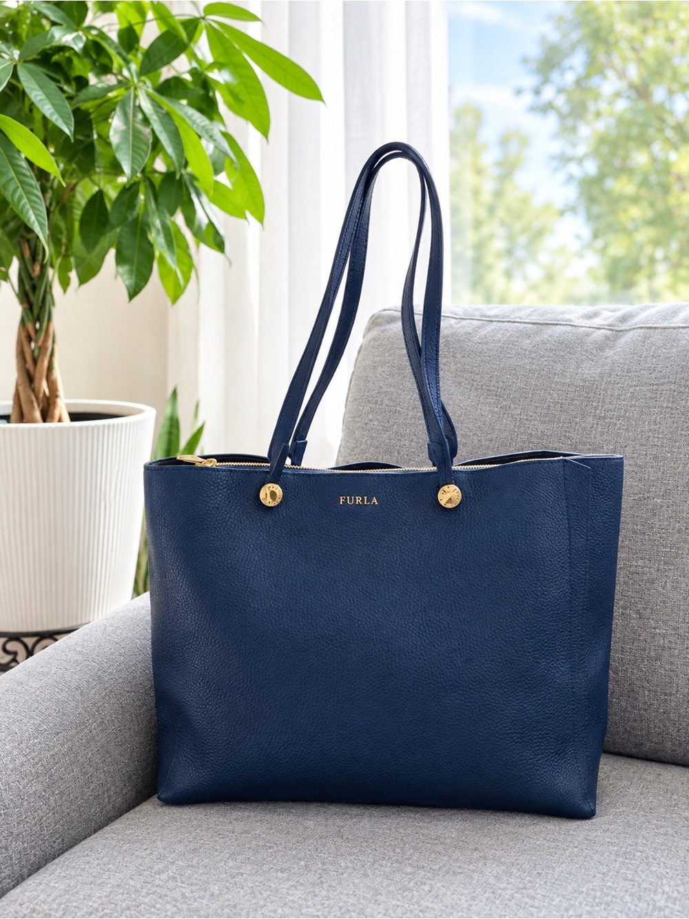 Furla Eden Leather Tote with Gold Accents and removable pouch